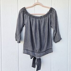 1250 C Gray Chambray 100% Tencel Off The Shoulder Tie Back Blouse Small